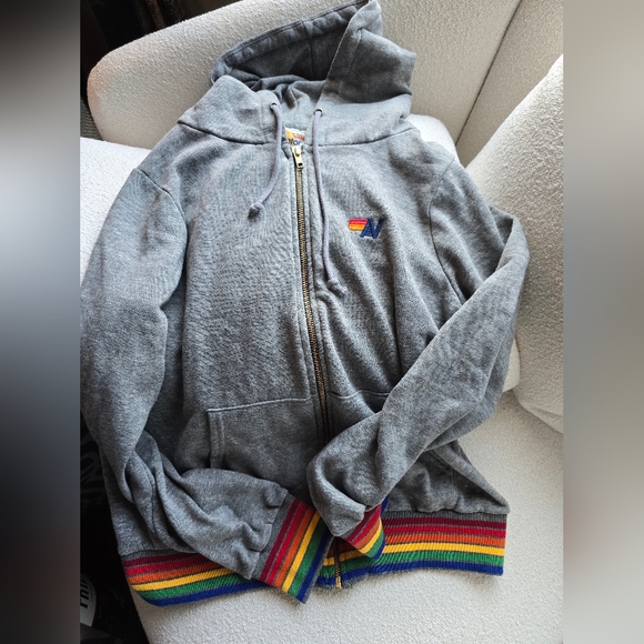 Aviator Nation, 6 Stripe Heather Gray Zip Hoodie, Size Medium - Picture 2 of 5